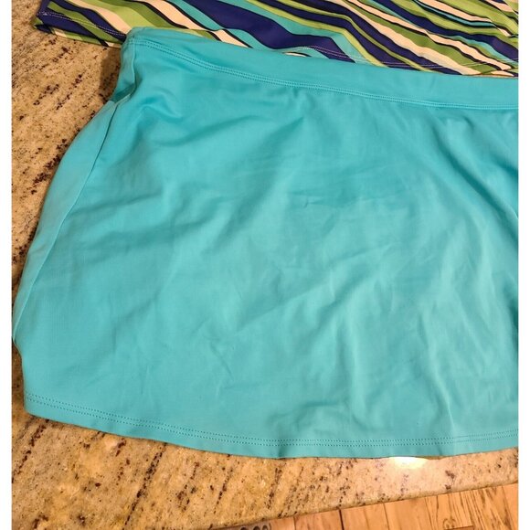 LL Bean Tankini Swim Skirt Set Plus Size 18 Blue Green Stripe Halter - Picture 2 of 16
